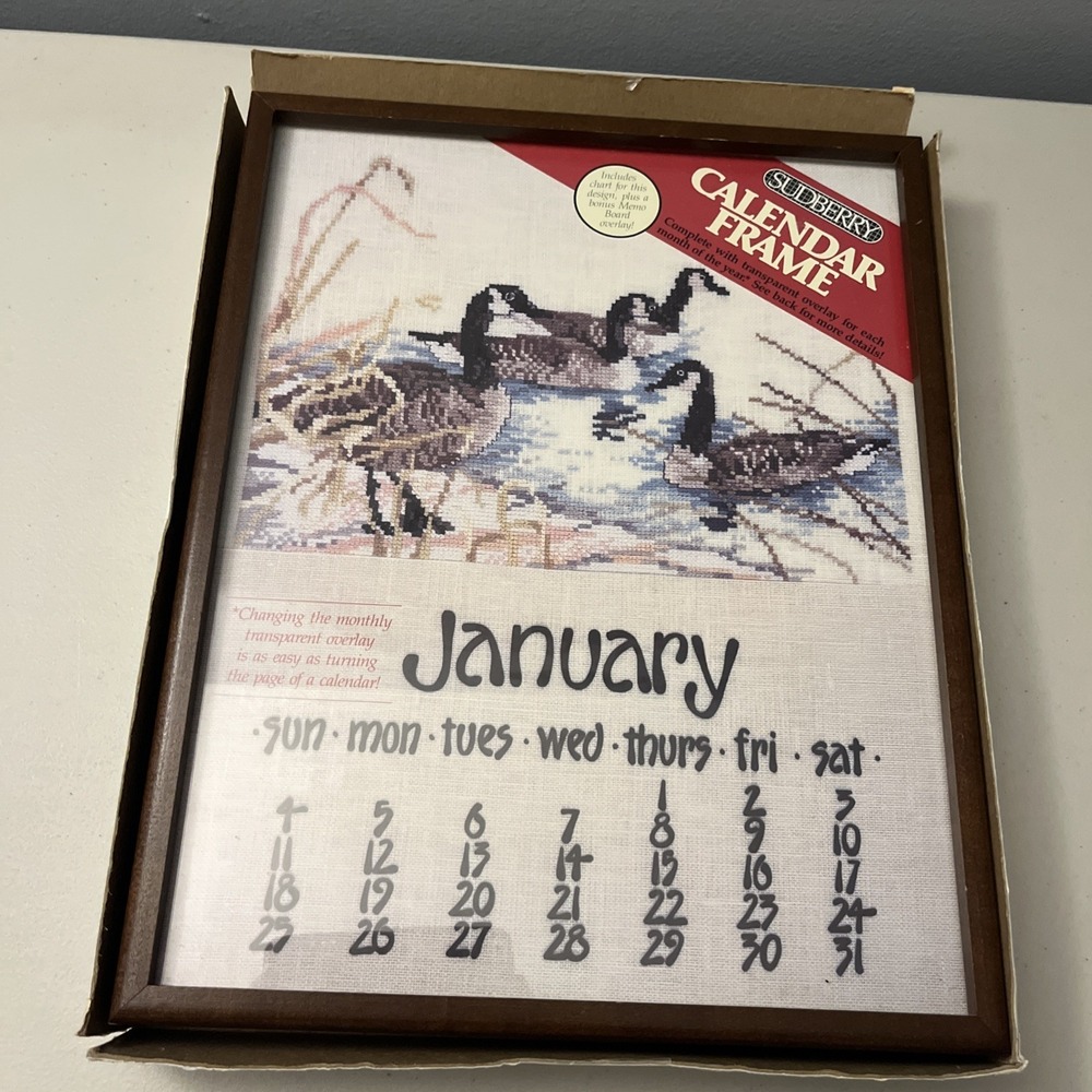 Vtg‎ Sudberry Calendar Frame Needlepoint Kit Geese In Pond Monthly Year Sewing